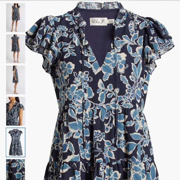 Eliza J Botanical Print Blouson Sleeve Tiered Dress, size 14 - Picture 3 of 11